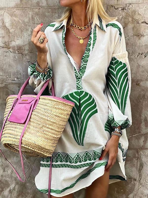 Tunique Bohème Femme à Feuilles – Robe Chemise Décontractée Longue Manche pour Plage ou Été Chic