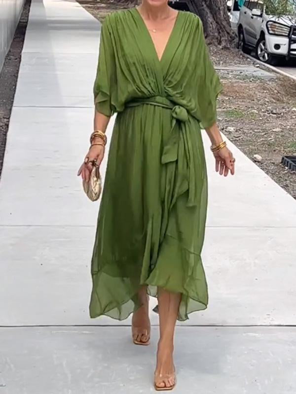 Robe Longue Femme Élégante – Robe Fluide avec Ceinture et Décolleté Cache-Cœur pour Look Chic & Estival