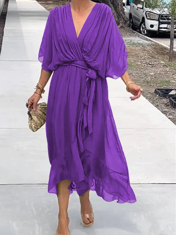 Robe Longue Femme Élégante – Robe Fluide avec Ceinture et Décolleté Cache-Cœur pour Look Chic & Estival