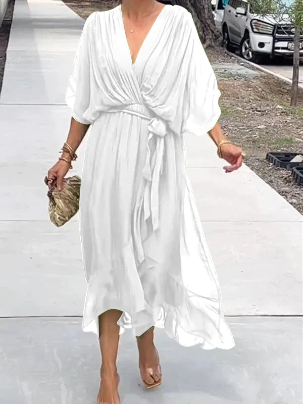 Robe Longue Femme Élégante – Robe Fluide avec Ceinture et Décolleté Cache-Cœur pour Look Chic & Estival