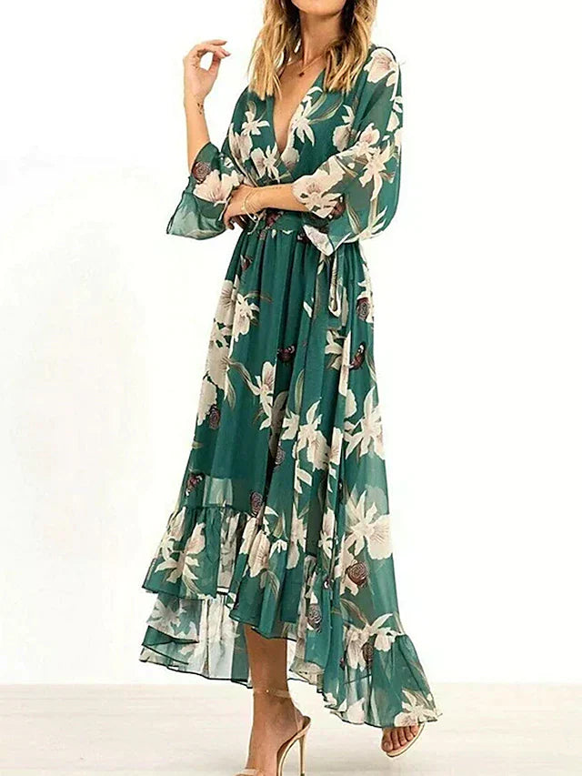 Unathi | Vestito verde elegante con volant e fascia in vita