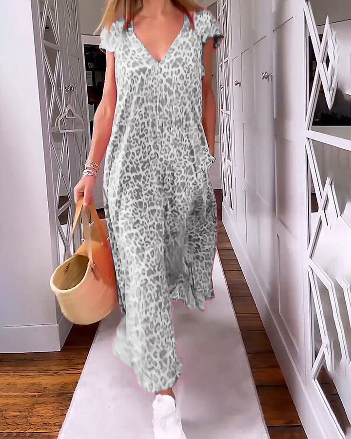 Minette - Robe longue imprimée col V et manches courtes