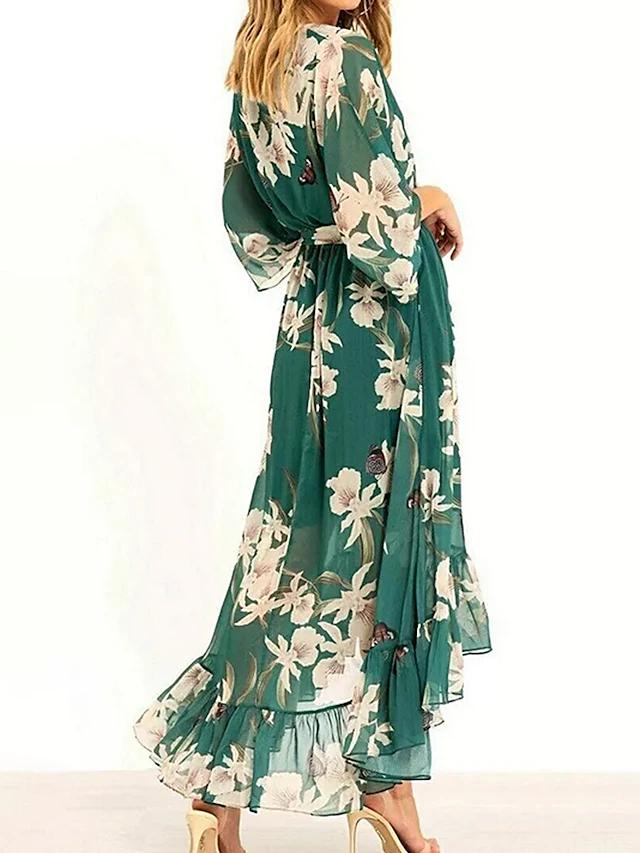 Unathi | Vestito verde elegante con volant e fascia in vita
