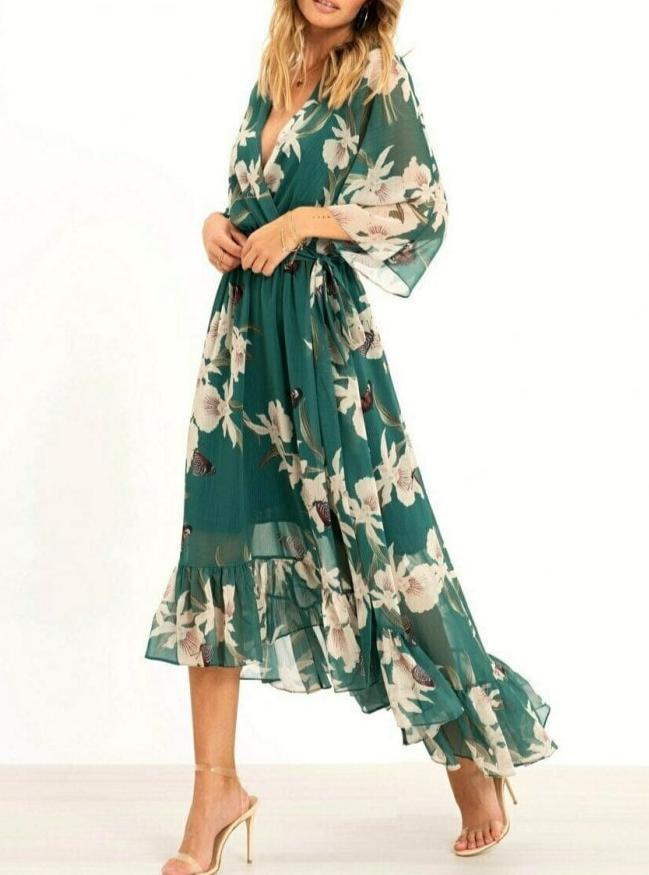 Unathi | Vestito verde elegante con volant e fascia in vita