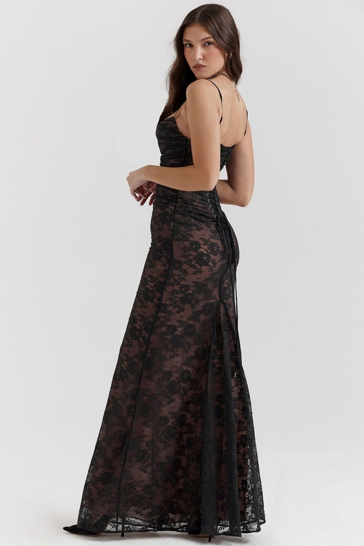 Seliora - Robe longue à manches épaules dénudées avec des motifs floraux