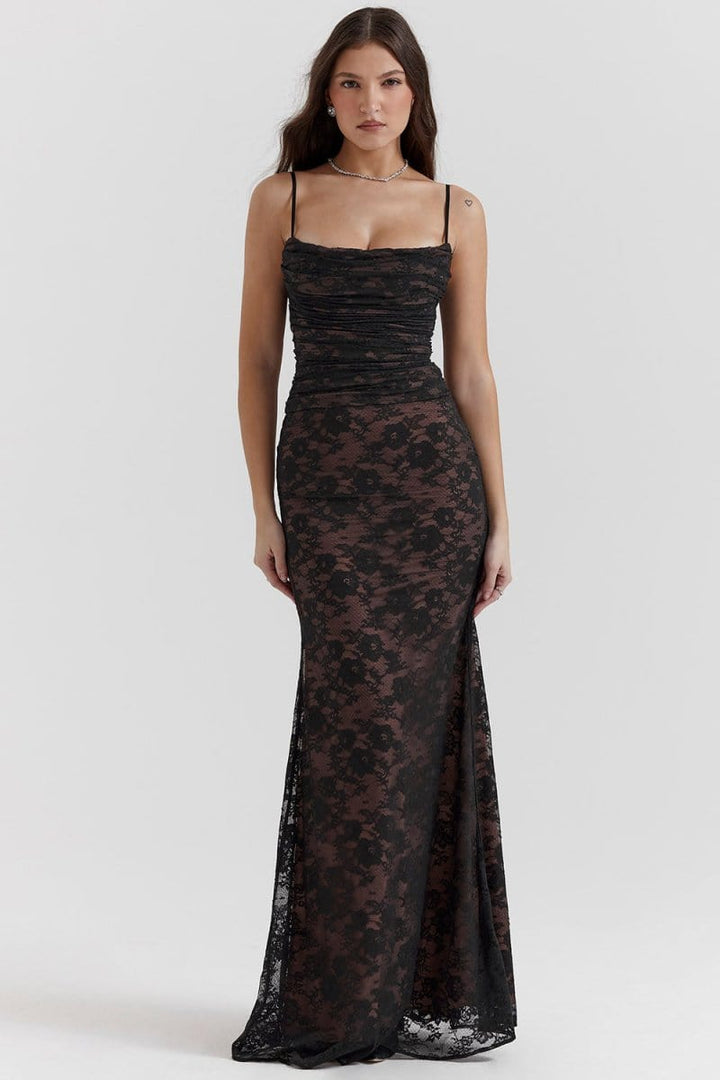 Seliora - Robe longue à manches épaules dénudées avec des motifs floraux