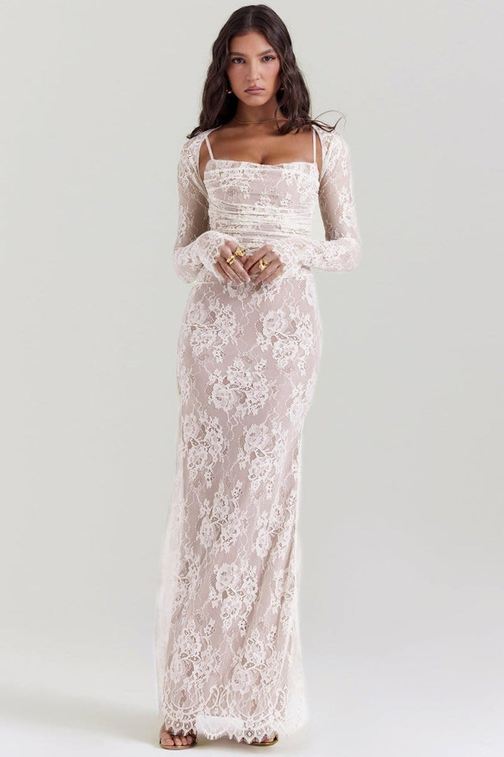 Seliora - Robe longue à manches épaules dénudées avec des motifs floraux