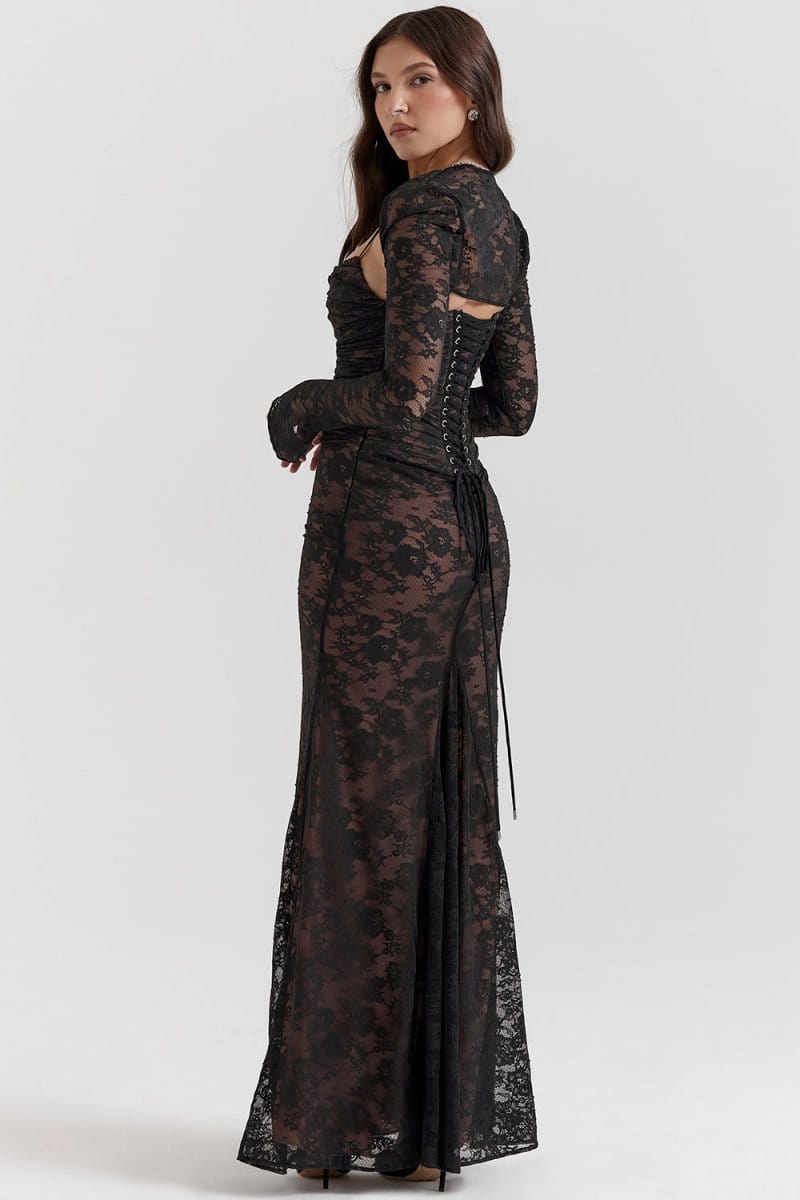 Seliora - Robe longue à manches épaules dénudées avec des motifs floraux