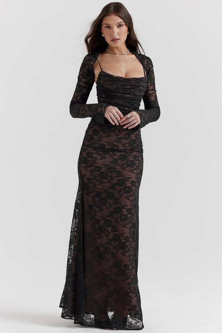 Seliora - Robe longue à manches épaules dénudées avec des motifs floraux