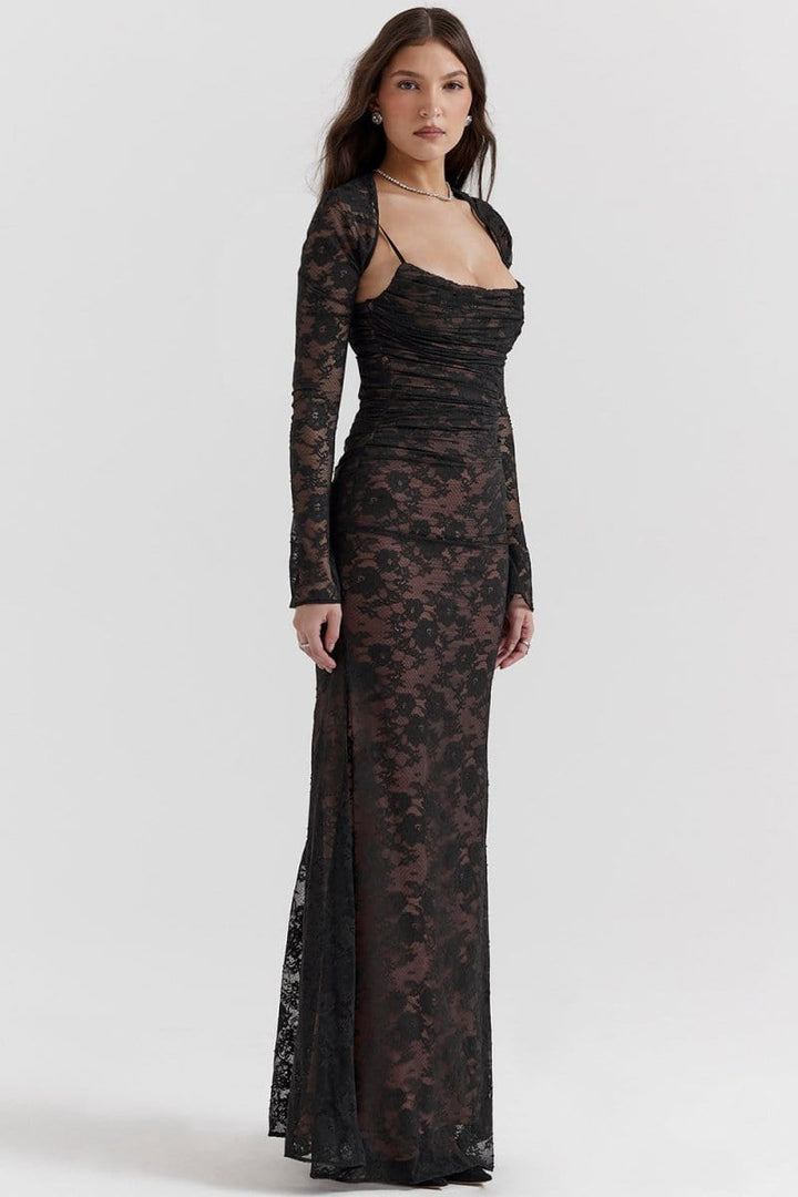 Seliora - Robe longue à manches épaules dénudées avec des motifs floraux