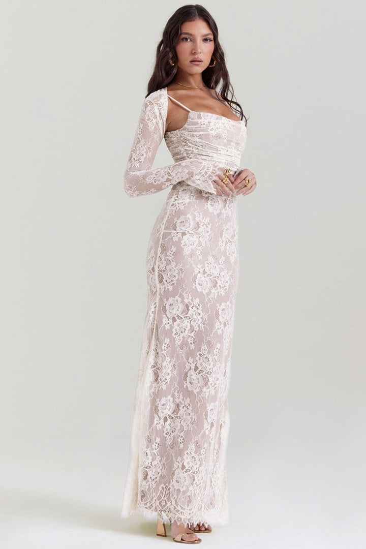 Seliora - Robe longue à manches épaules dénudées avec des motifs floraux