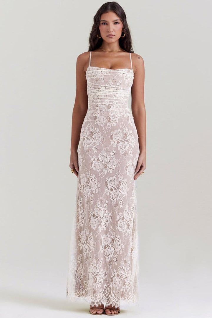 Seliora - Robe longue à manches épaules dénudées avec des motifs floraux