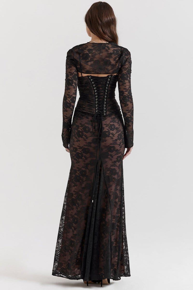 Seliora - Robe longue à manches épaules dénudées avec des motifs floraux