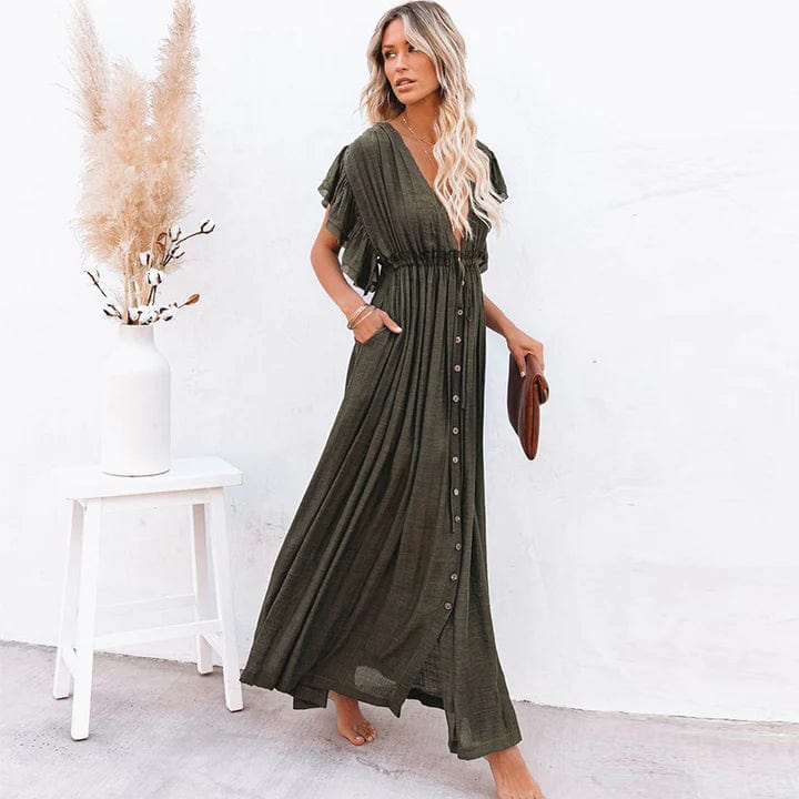 Robe Longue Boutonnée à Manches Volantes – Style Décontracté et Bohème pour Été, Plage ou Balade en Ville