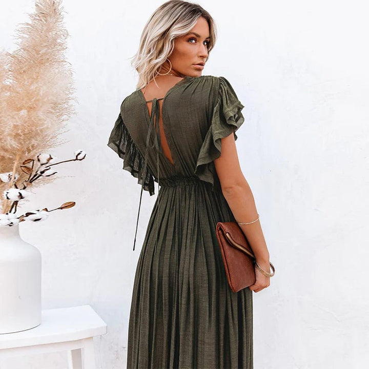 Robe Longue Boutonnée à Manches Volantes – Style Décontracté et Bohème pour Été, Plage ou Balade en Ville
