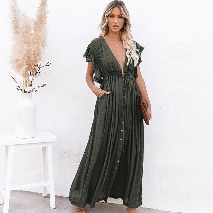 Robe Longue Boutonnée à Manches Volantes – Style Décontracté et Bohème pour Été, Plage ou Balade en Ville