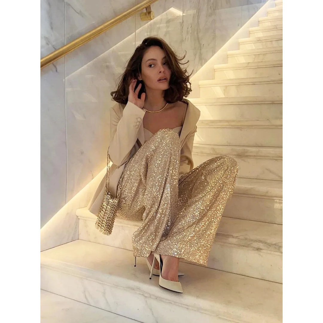 Pantalon De Fête À Paillettes Long Et Élégant Pour Femmes | Jambes larges