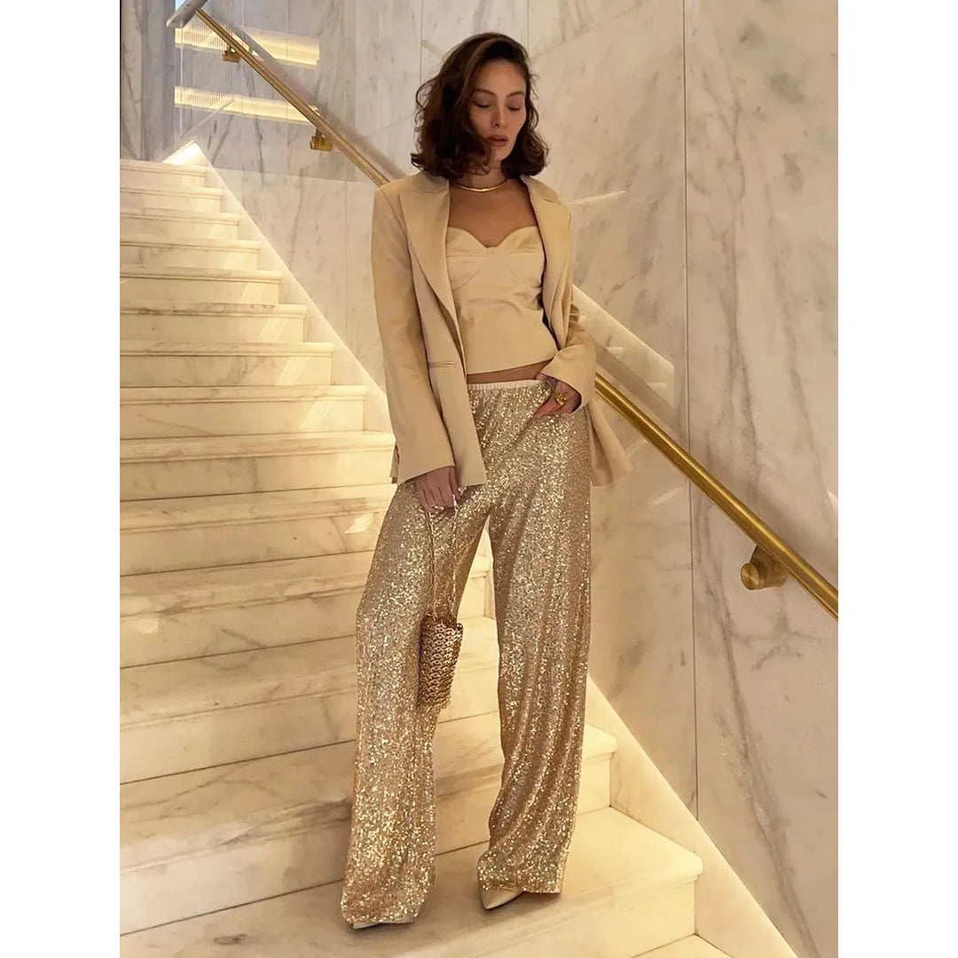 Pantalon De Fête À Paillettes Long Et Élégant Pour Femmes | Jambes larges