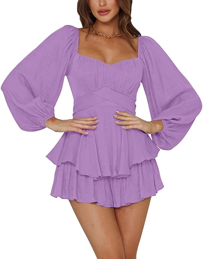 Mini-Robe Femme Évasée – Manches Bouffantes, Encolure Carrée et Coupe Cintrée