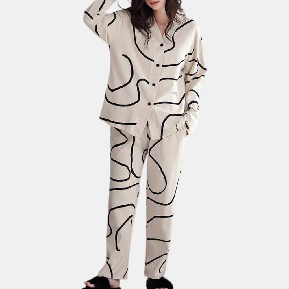 Pyjama Femme Moderne 2 Pièces – Ensemble Boutonné à Imprimé Abstrait – Tenue de Nuit Confort et Style