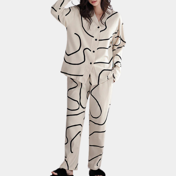 Pyjama Femme Moderne 2 Pièces – Ensemble Boutonné à Imprimé Abstrait – Tenue de Nuit Confort et Style