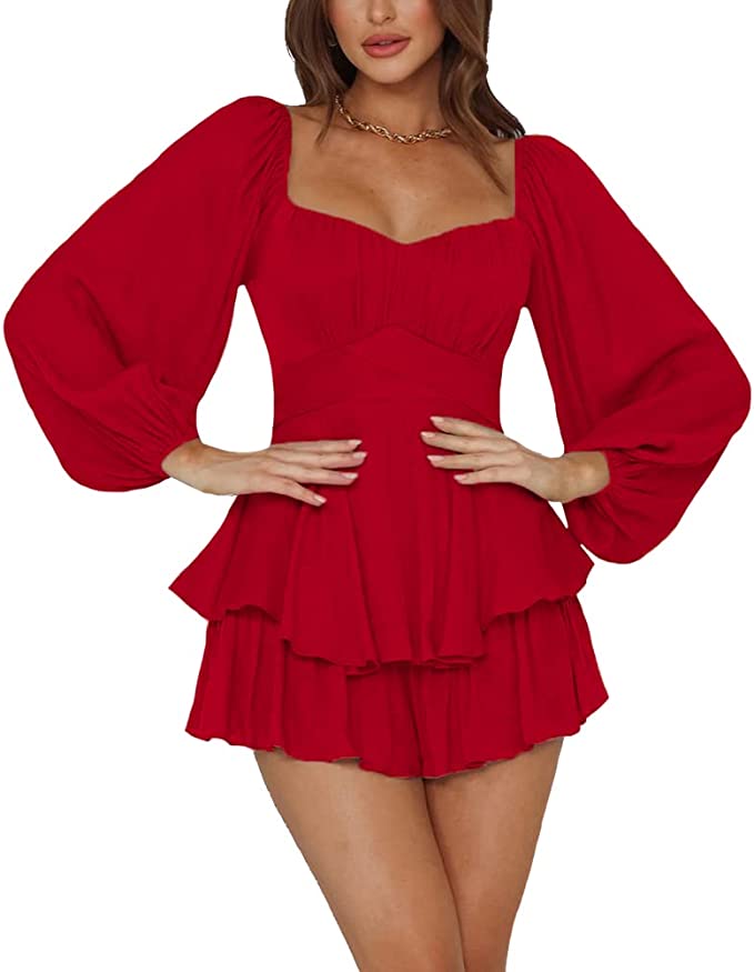 Mini-Robe Femme Évasée – Manches Bouffantes, Encolure Carrée et Coupe Cintrée