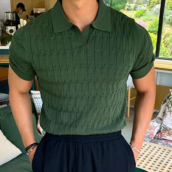 Men's Twisted Knit Polo – Chic Short Sleeve T-Shirt for an Elegant & Casual Look