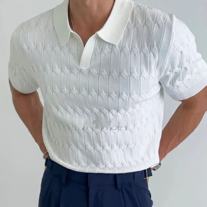 Men's Twisted Knit Polo – Chic Short Sleeve T-Shirt for an Elegant & Casual Look