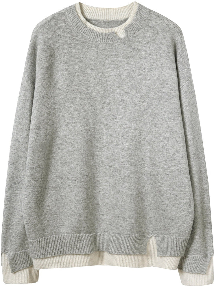 Esmeralda - Pull oversize gris et blanc avec découpes