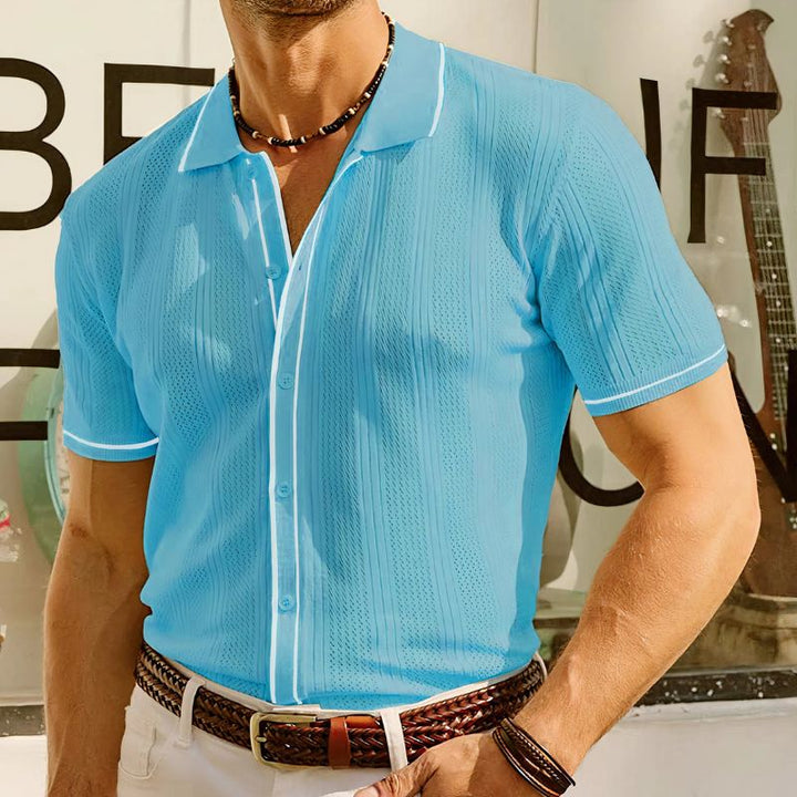 Chemise Polo Homme Bleu Ciel – Manches Courtes – Design Texturé & Boutonnage – Style Estival Décontracté Chic