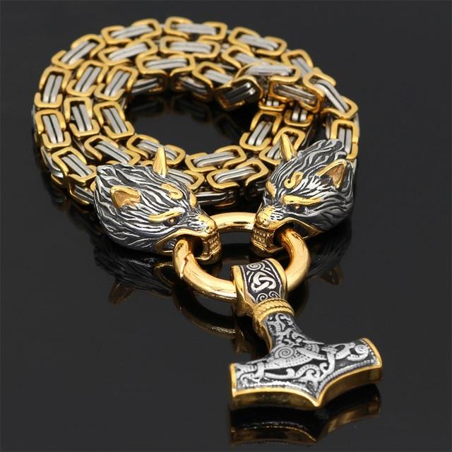 Stainless steel necklace/bracelet 60-90 cm Double wolf head & Mjolnir Survival spirit