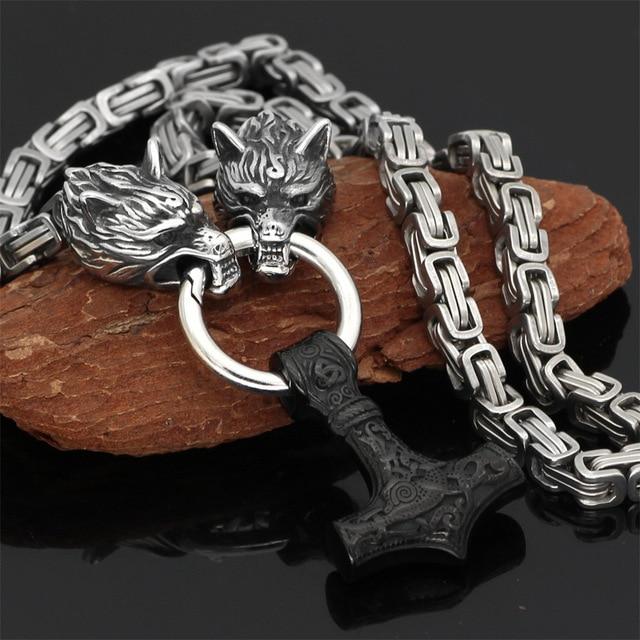 Stainless steel necklace/bracelet 60-90 cm Double wolf head & Mjolnir Survival spirit