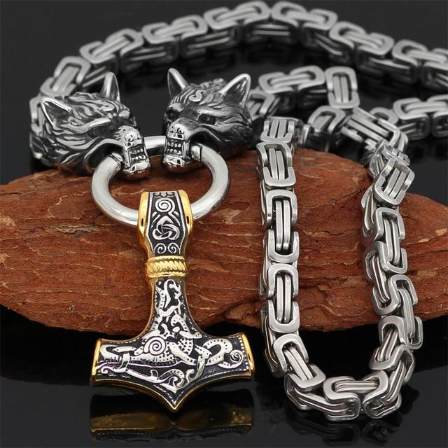 Stainless steel necklace/bracelet 60-90 cm Double wolf head & Mjolnir Survival spirit