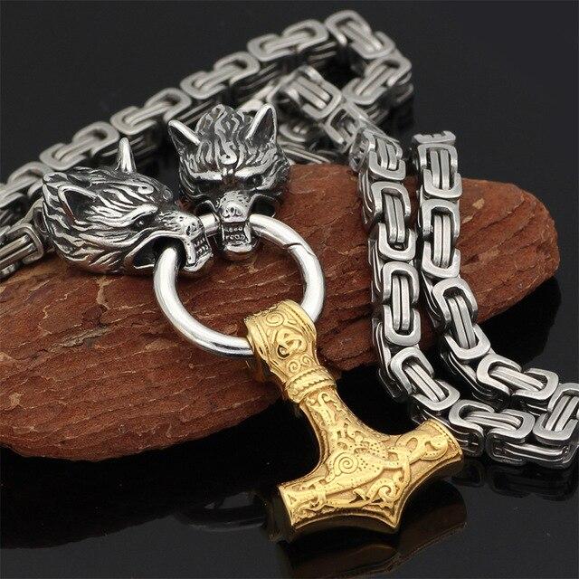 Stainless steel necklace/bracelet 60-90 cm Double wolf head & Mjolnir Survival spirit