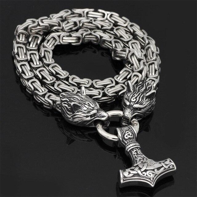 Stainless steel necklace/bracelet 60-90 cm Double wolf head & Mjolnir Survival spirit