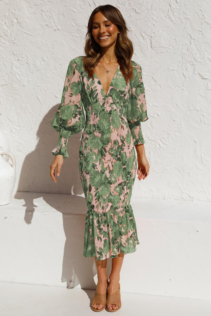 Robe Midi à Imprimé Floral et Manches Bouffantes – Élégance Romantique pour Mariage, Printemps ou Événement Chic