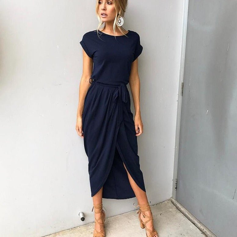Robe Longue Décontractée à Ceinture et Fente Haute avec Manches Courtes