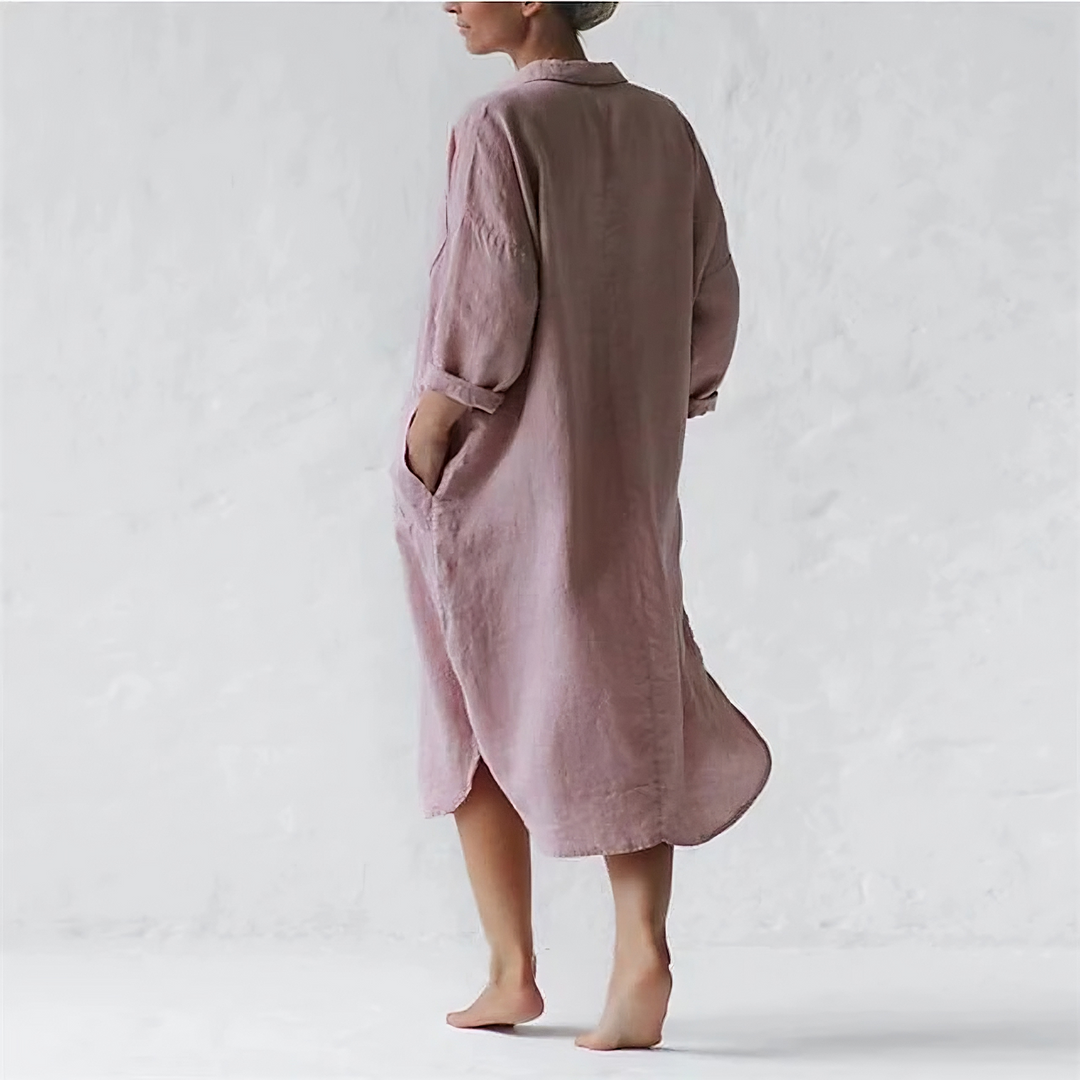 Robe Midi Ample en Lin – Style Décontracté avec Manches 3/4 et Poches – Femme Élégante