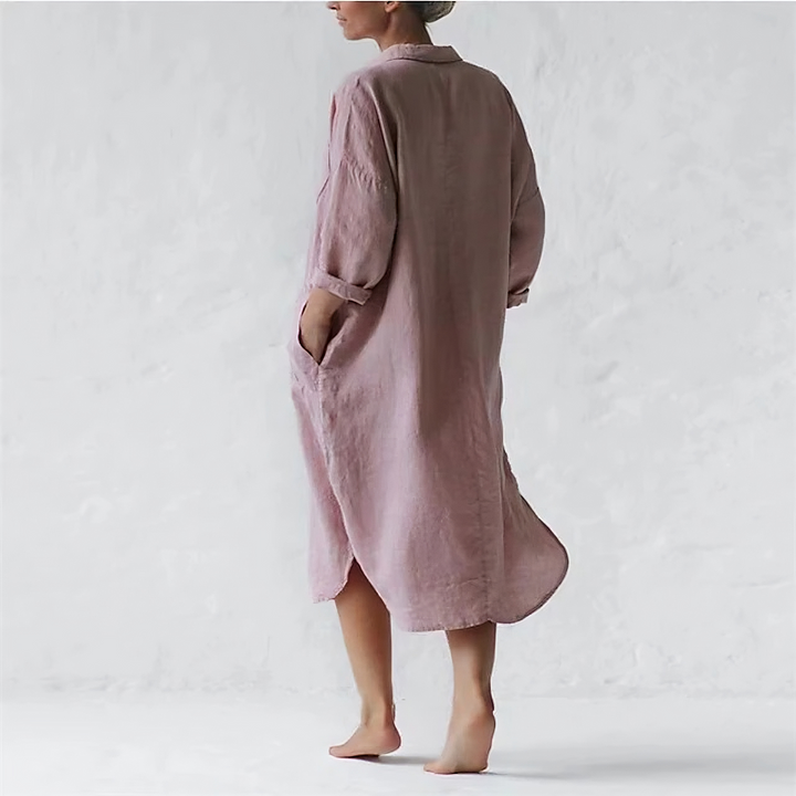 Robe Midi Ample en Lin – Style Décontracté avec Manches 3/4 et Poches – Femme Élégante